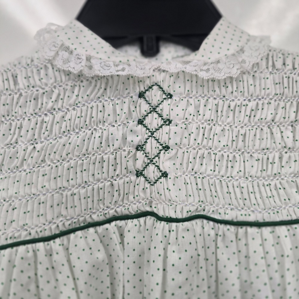 Polly Flinders Vintage Toddler Dress 2T Polka Dot Hand Smocked Dress Green White - Picture 5 of 11